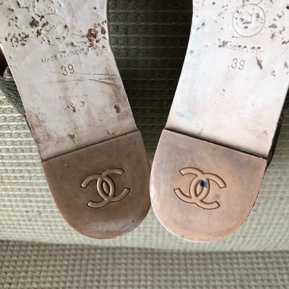 Chanel Women's Gray/Black Animal Print Leather Wedge Sandals. - Picture 10 of 13